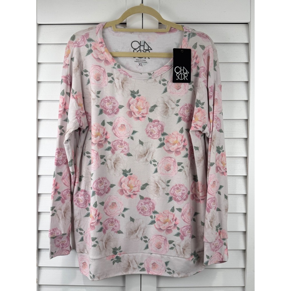 Chaser Floral Sweatshirt XL Pink Rose Print Long Sleeve Knit NEW